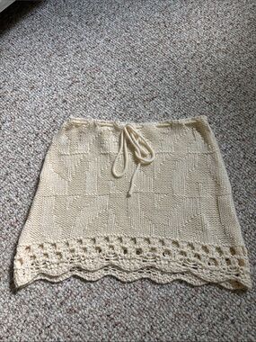 Peppermayo Cream Crochet-Hem Knit Mini Skirt